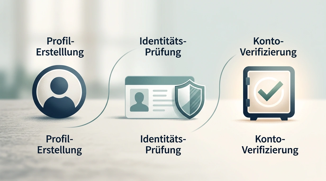 Konto- und Verifizierungsablauf mit Profil, Sicherheitsprüfung und Dokumentprüfung