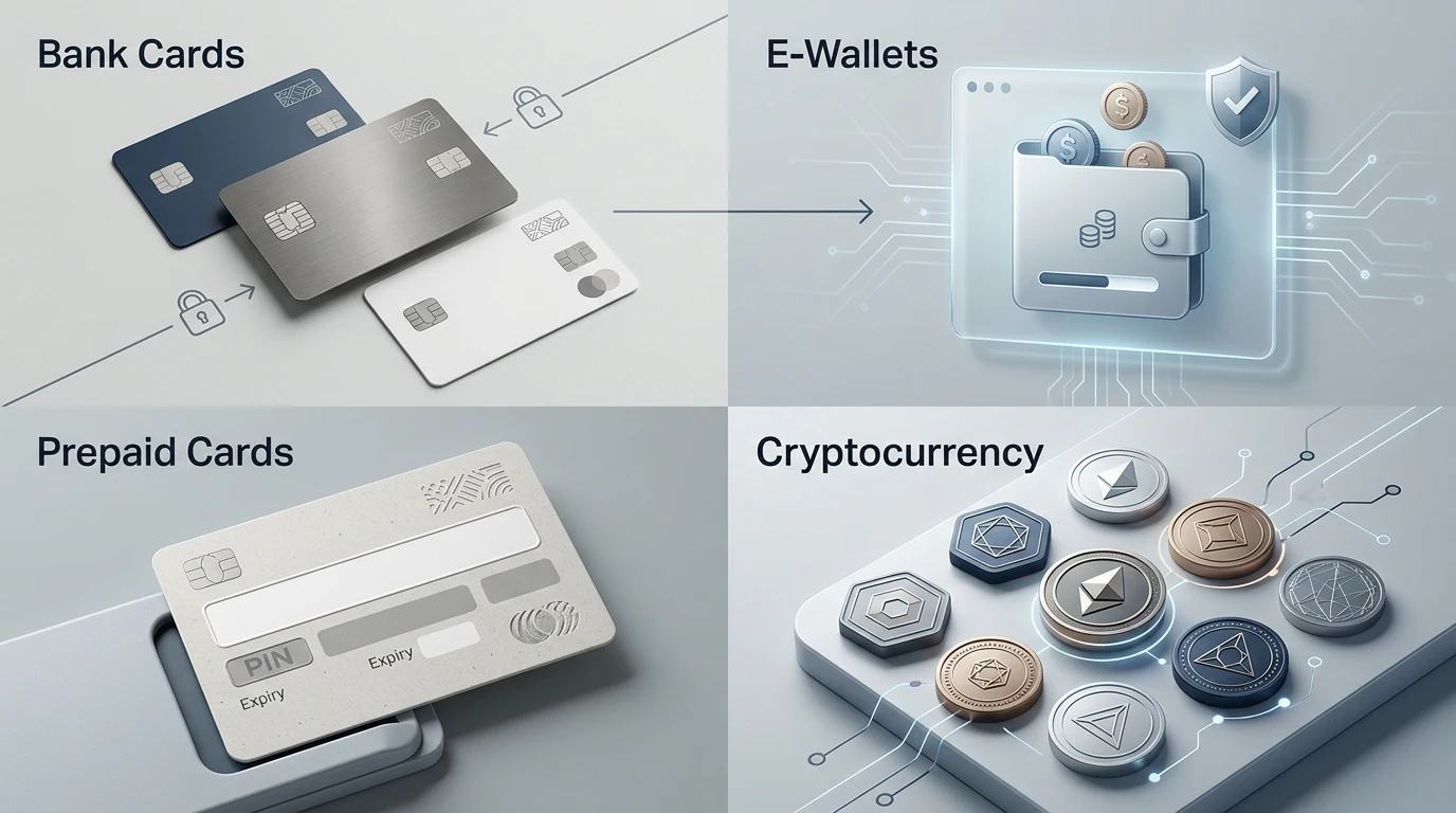 Zahlungsmethoden mit Karten, E-Wallets, Paysafecard und Kryptowährungen