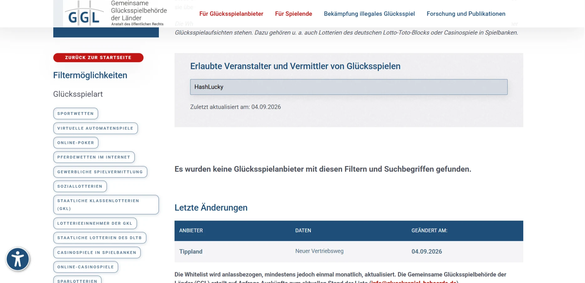 Amtliche GGL-Whitelist mit Einträgen zum regulierten deutschen Glücksspielmarkt
