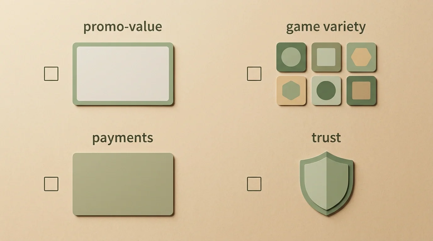 Entscheidungsliste mit den Bereichen Bonus, Spiele, Zahlungen und Vertrauen